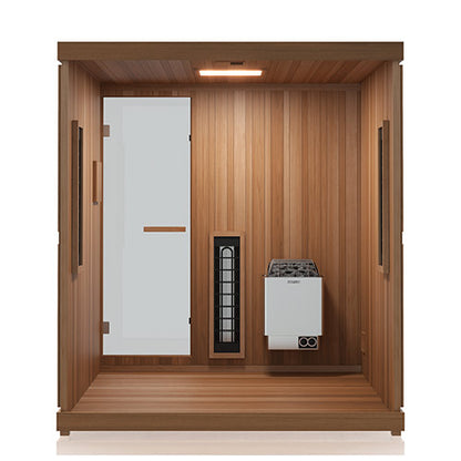 Wooden sauna with a sauna heater on a white background