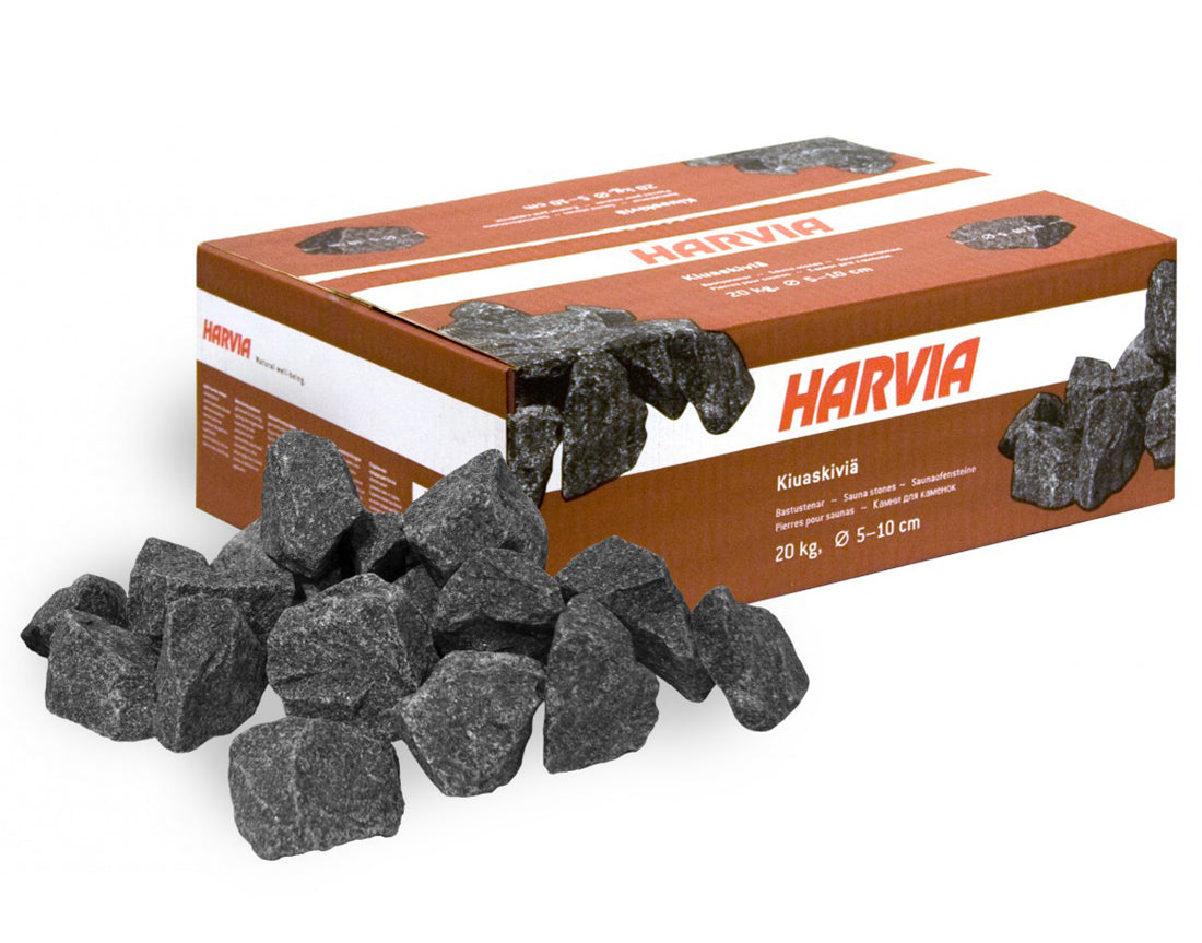 Harvia sauna stones with packaging on a white background