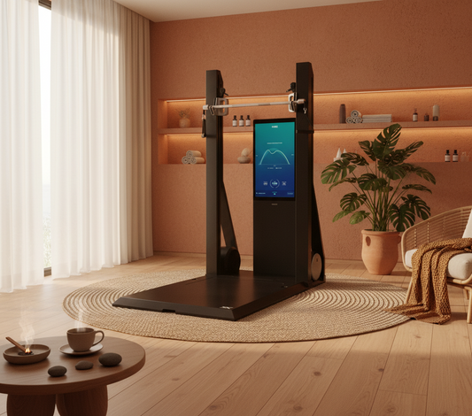 Modern home interior with a gym machine displaying a fitness app.