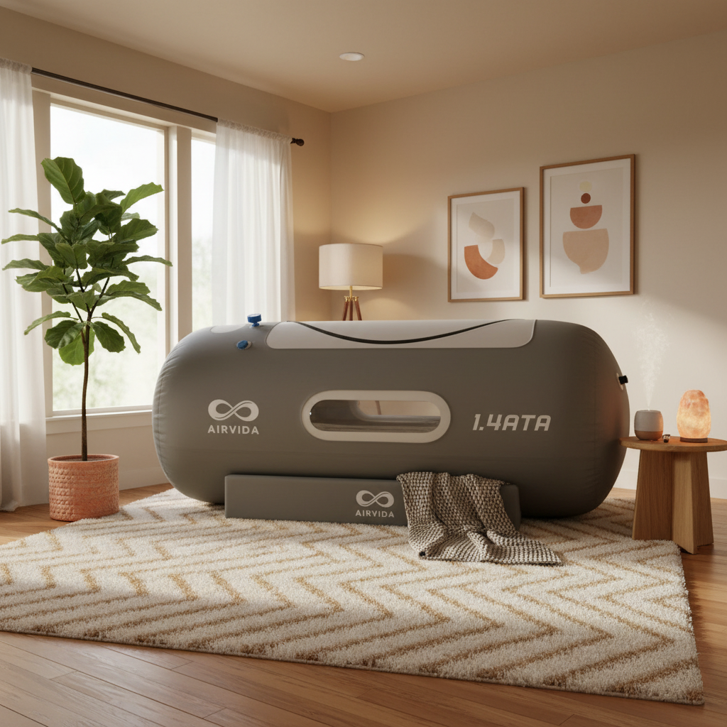 Inflatable hyperbaric chamber with 'AIRVIDA' branding in a room with a plant and decor.
