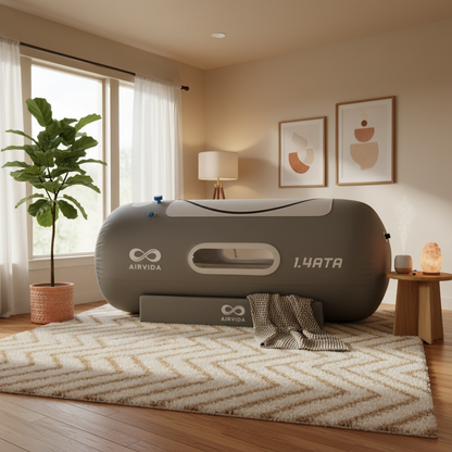 Inflatable hyperbaric chamber with 'AIRVIDA' branding in a room with a plant and decor.