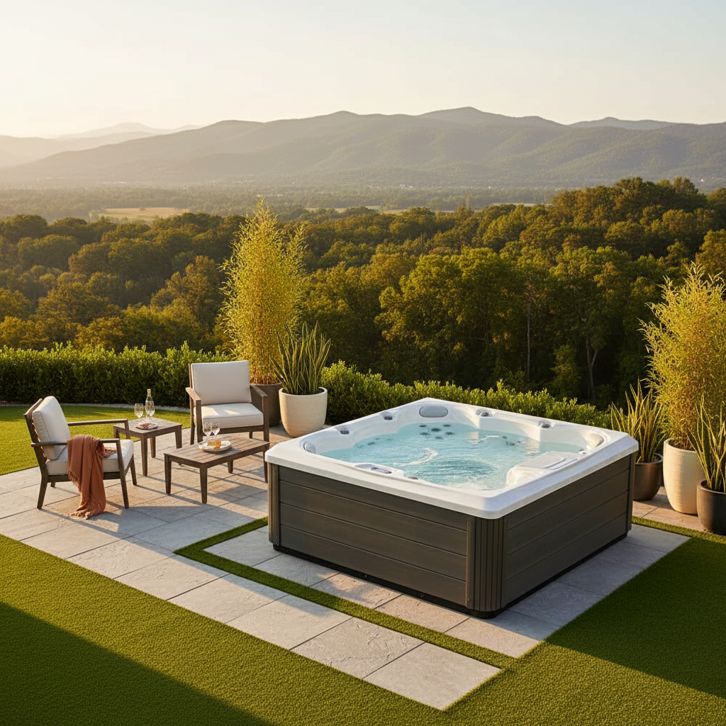 Outdoor hot tub with scenic view of mountains and trees