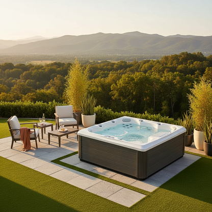 Outdoor hot tub with scenic view of mountains and trees